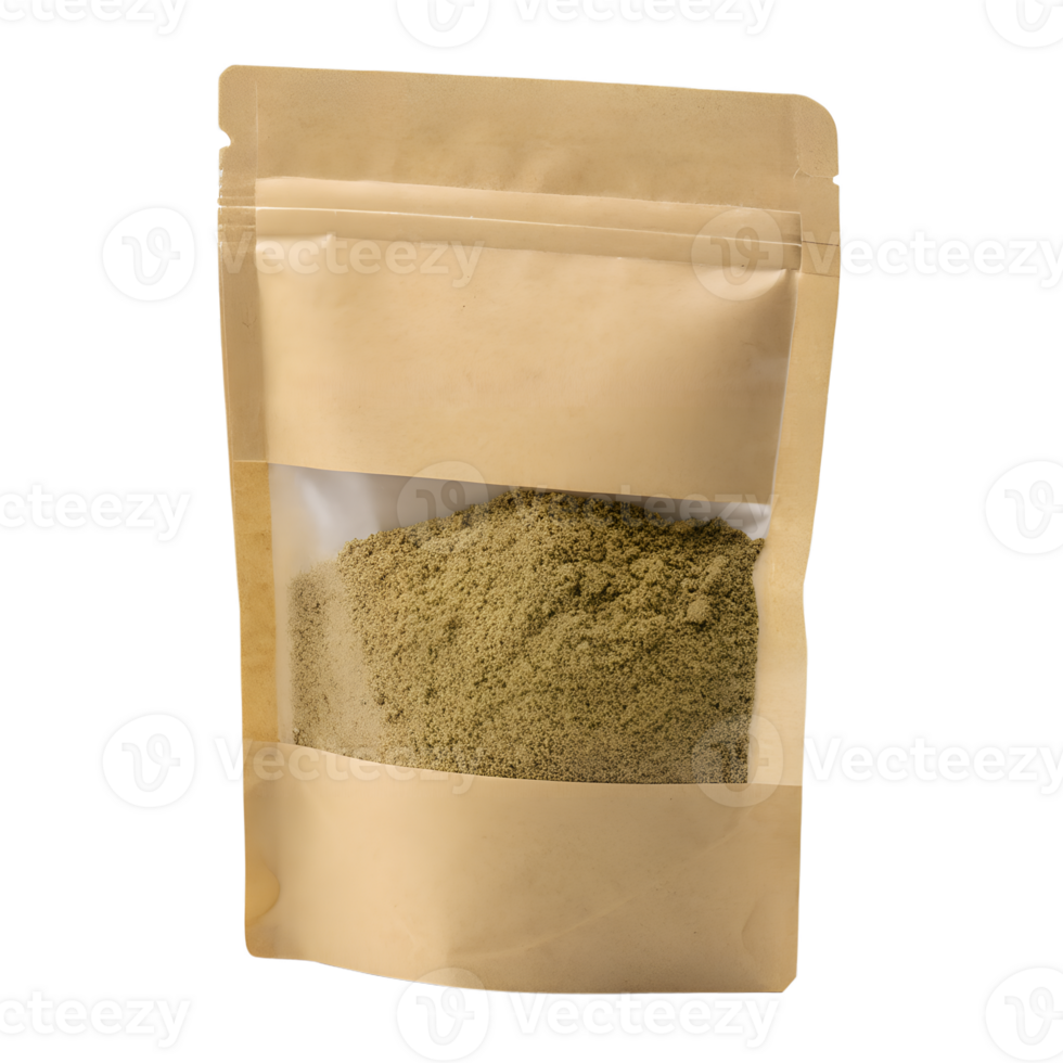 A resealable kraft paper bag filled with finely ground fennel powder. isolated on transparent background png