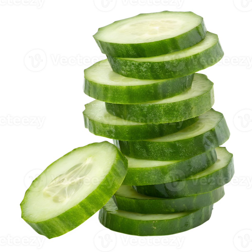 A stack of cucumber slices with a transparent background, the slices are bright green and stacked unevenly png