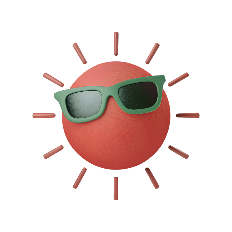 A red sun with sunglasses and green and red rays on a transparent background png