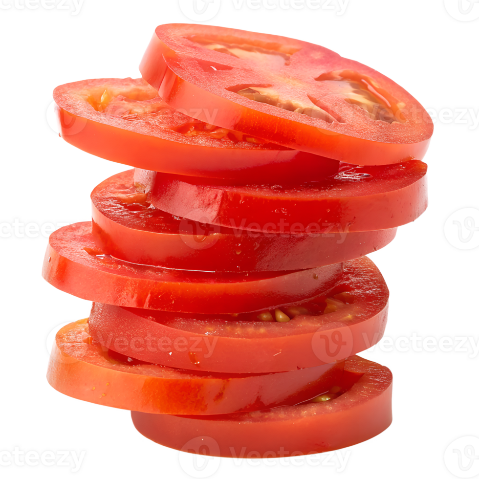 A stack of tomato slices with a transparent background, the slices are bright red and stacked unevenly png