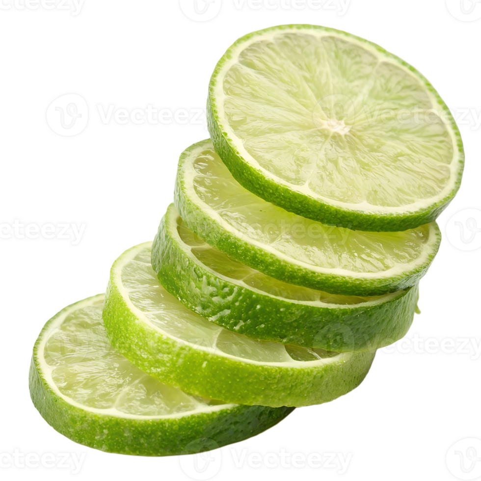 A stack of Lime slices with a transparent background, the slices are bright green and stacked unevenly png