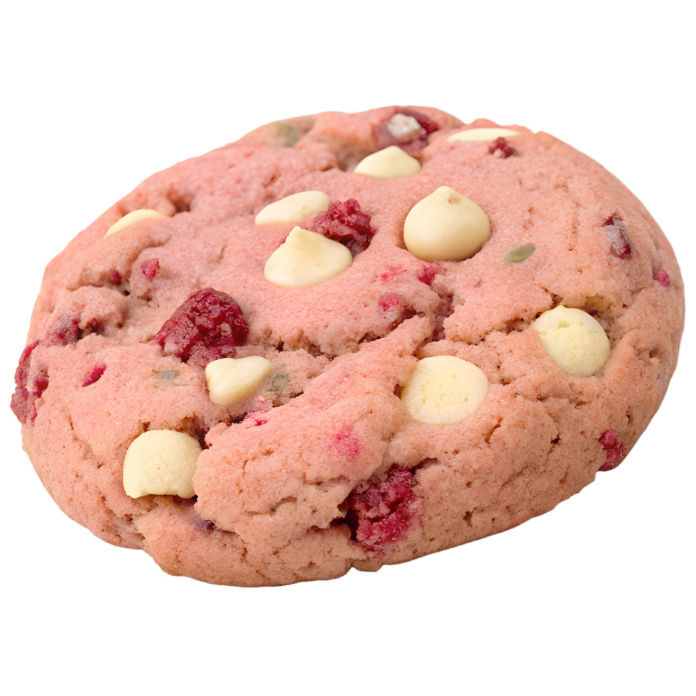Chunky cookie with visible white chocolate chips and raspberry bits, pinkish hue, soft and sweet look, isolated on transparent background png