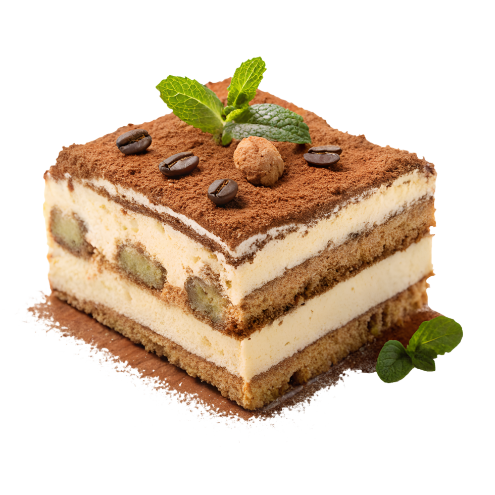 A slice of tiramisu with a dusting of cocoa powder. isolated on a transparent background png
