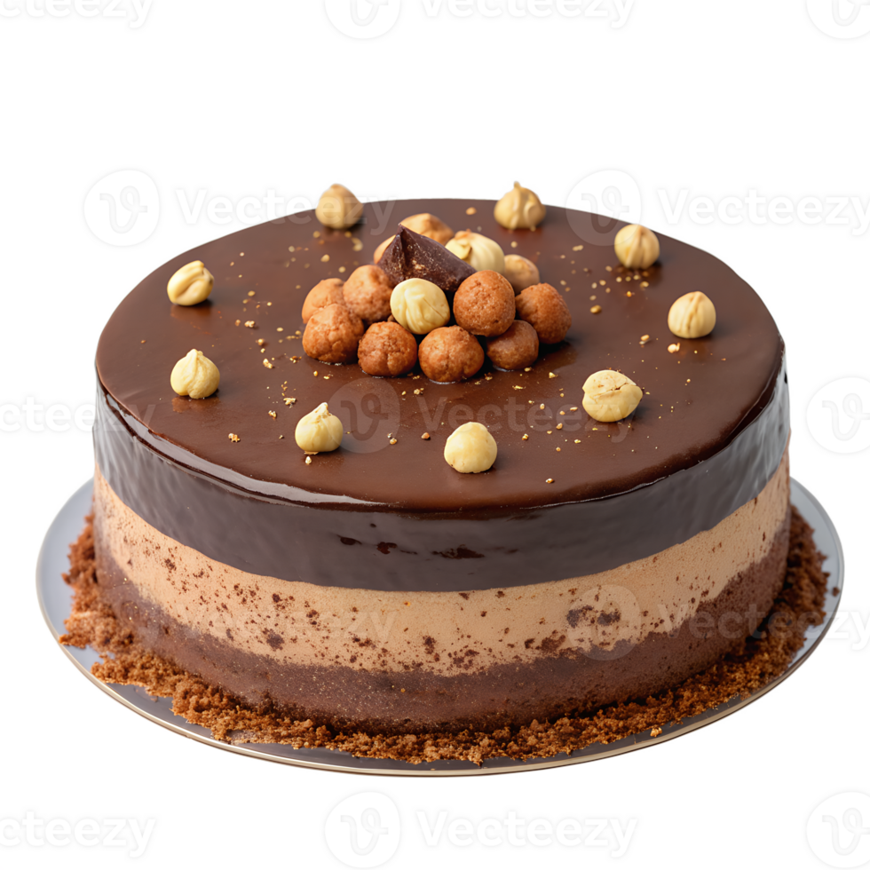 Elegant chocolate hazelnut cake with praline filling, glossy chocolate glaze, hazelnuts on top, isolated on a white background png