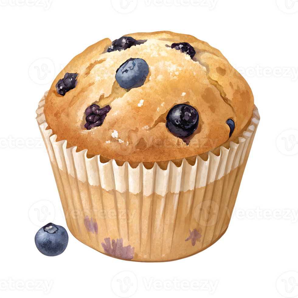 Illustration of Soft blueberry muffin pastry with golden top and visible blueberry pieces, isolated on transparent background png