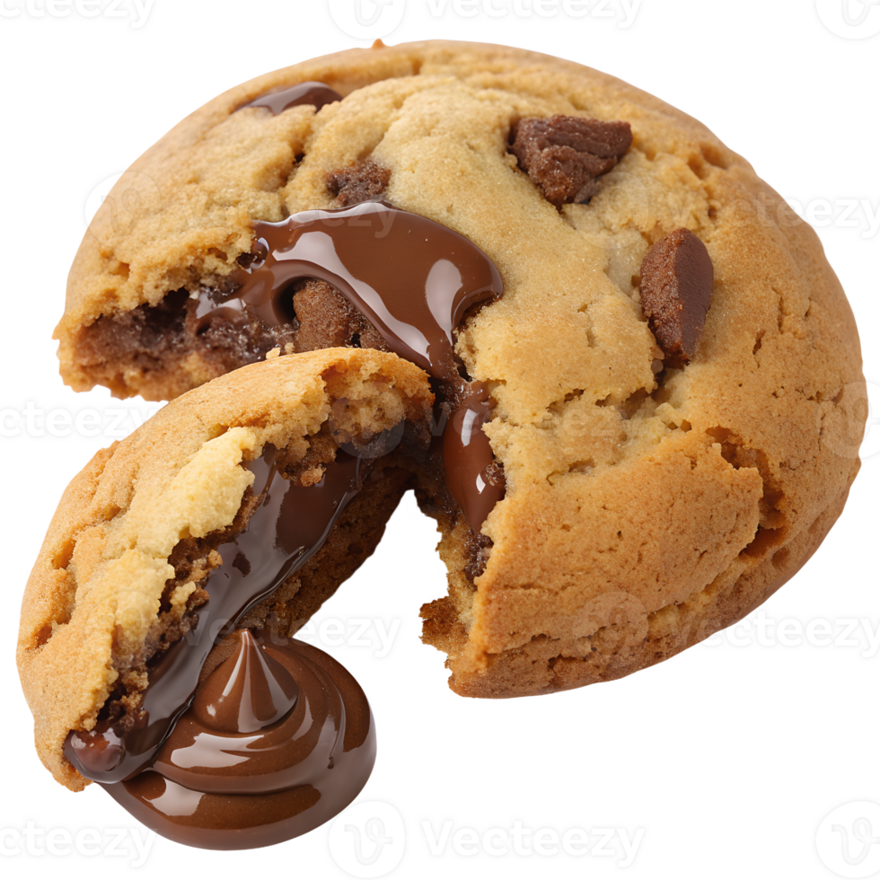 Thick cookie with molten chocolate center oozing out from inside, crisp exterior, rich and indulgent look, transparent png