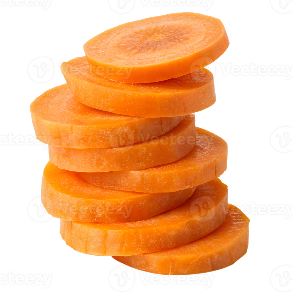 A stack of carrot fruit slices with a transparent background, the slices are bright Orange and stacked unevenly png