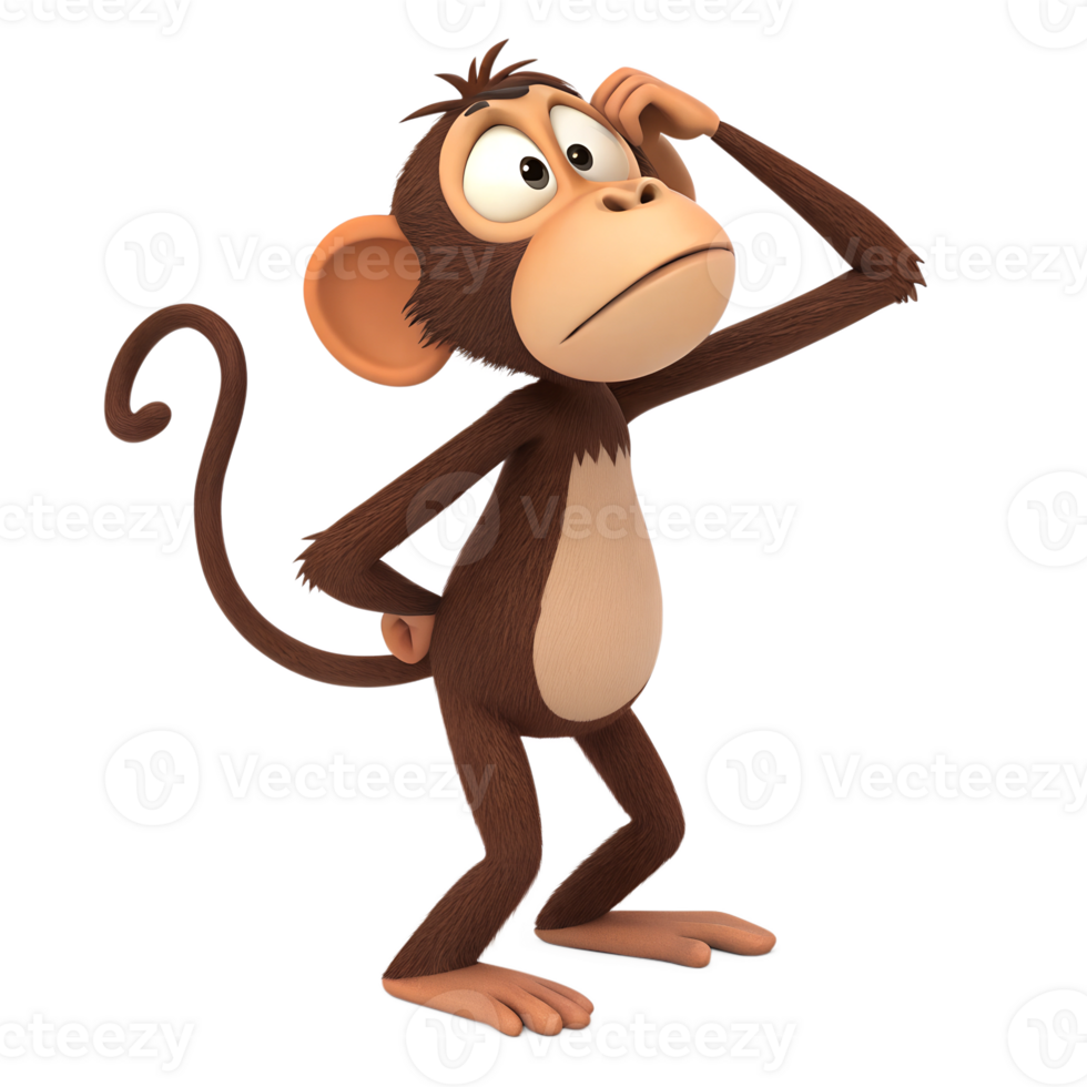 A 3D animated monkey scratching its head, appearing confused. png