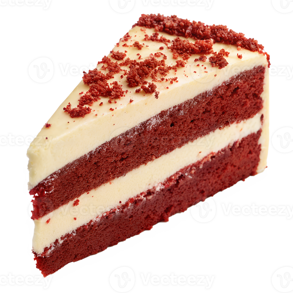 Red velvet cake slice with cream cheese frosting and red crumbs on top, elegant and moist texture, isolated png
