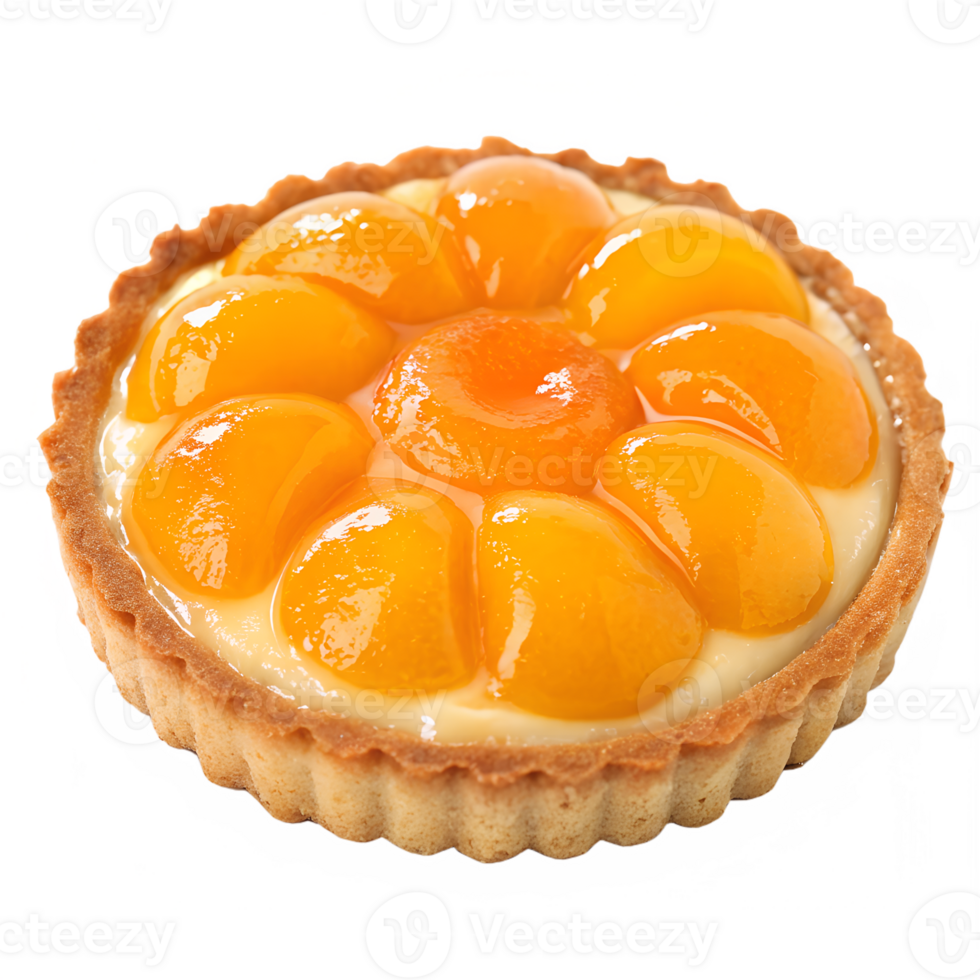 Small tart with shiny apricot halves arranged in a circular pattern over custard filling, golden crust, isolated on transparent background png