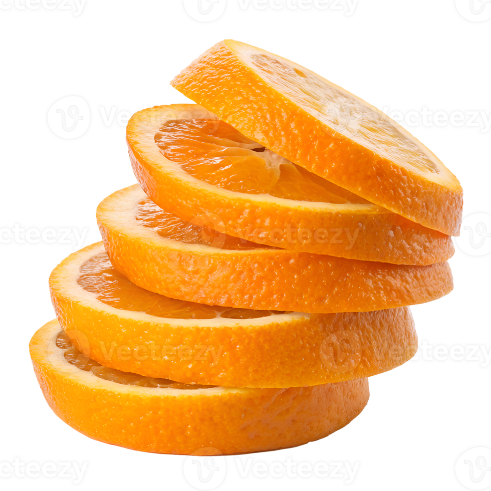 A stack of Orange fruit slices with a transparent background, the slices are bright Orange and stacked unevenly png
