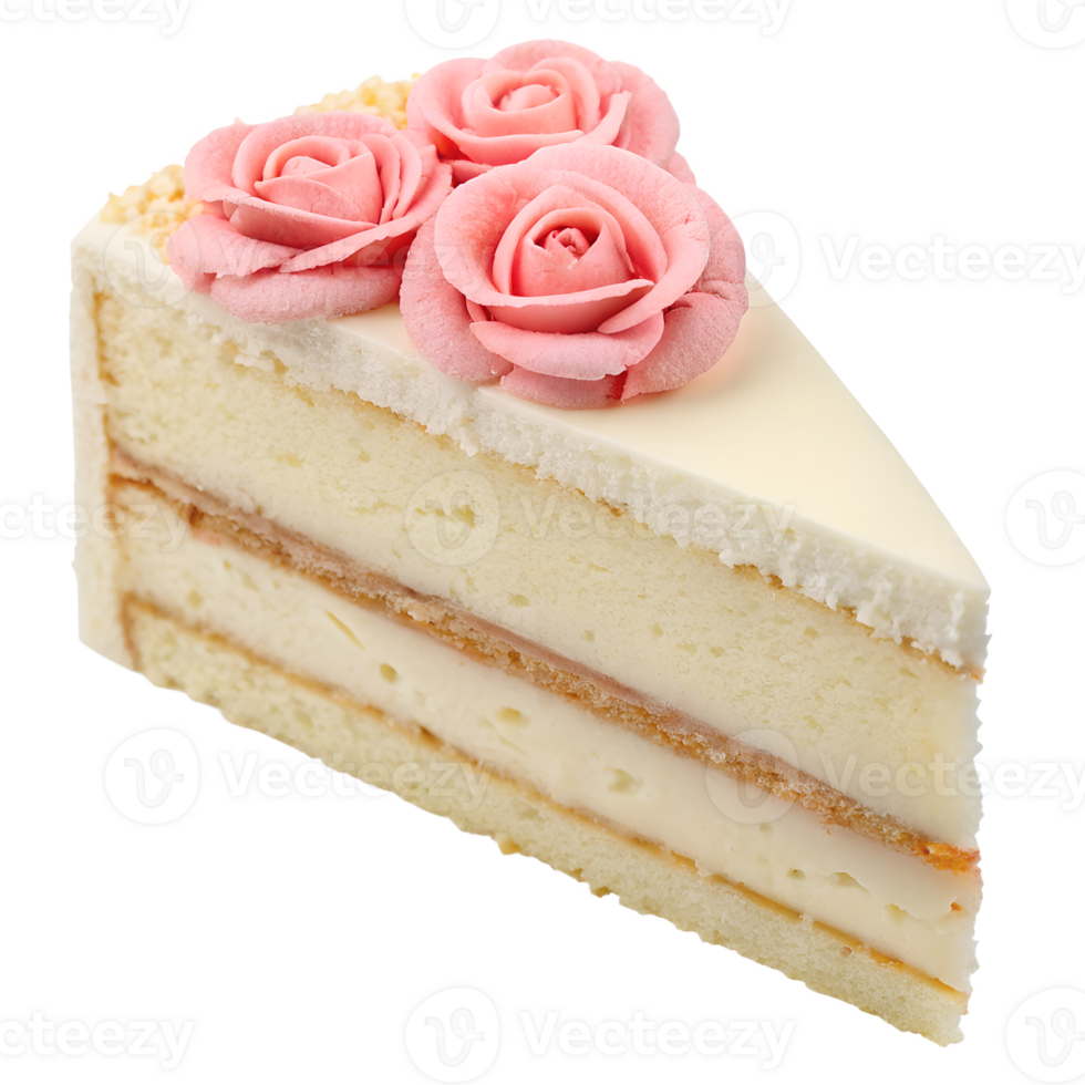 Delicate slice of vanilla cake with layers of buttercream and pink buttercream rose decoration on top, elegant design, isolated on a transparent background png