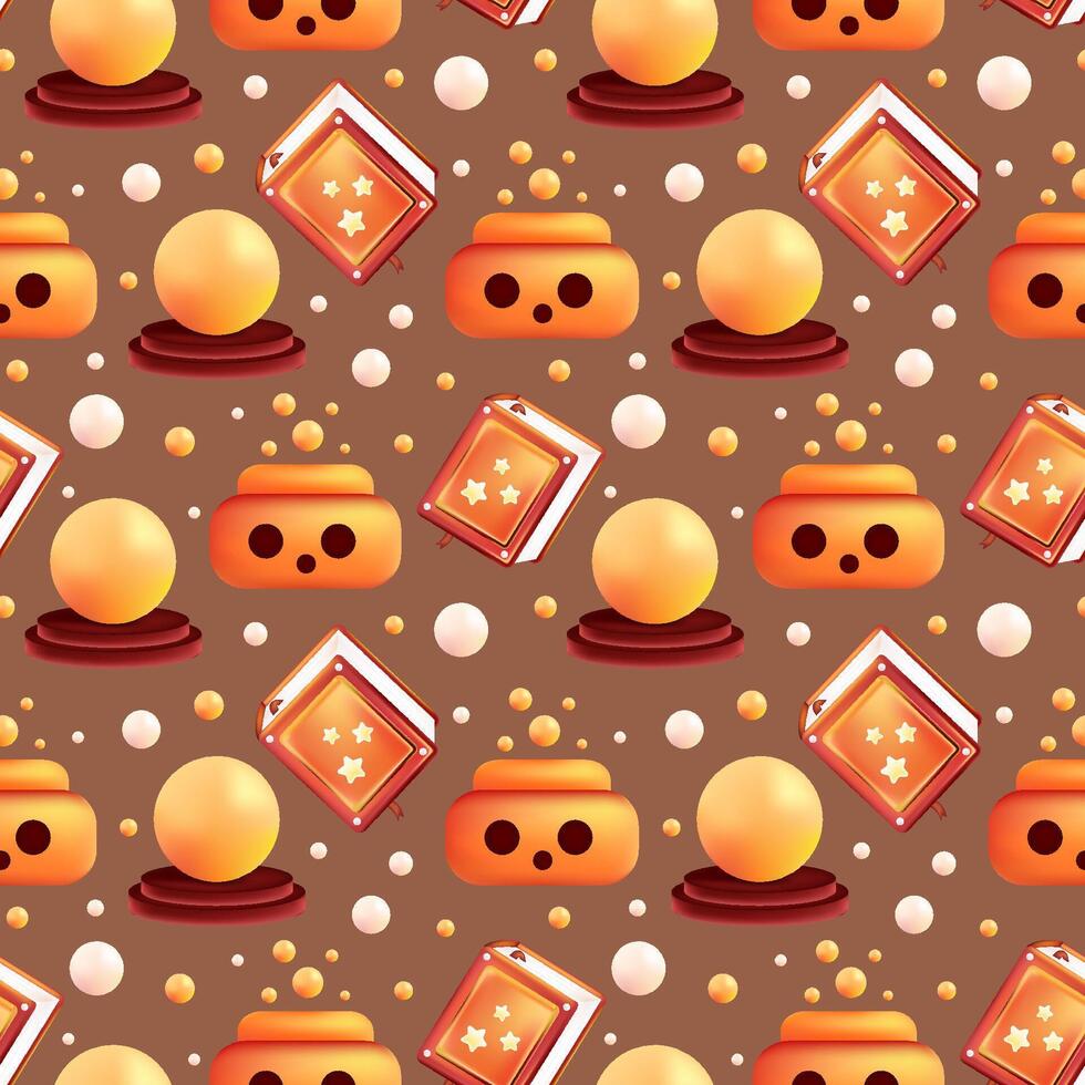 Happy Halloween seamless pattern. Scary pumpkin with potion, book and magic ball. Holiday illustration vector