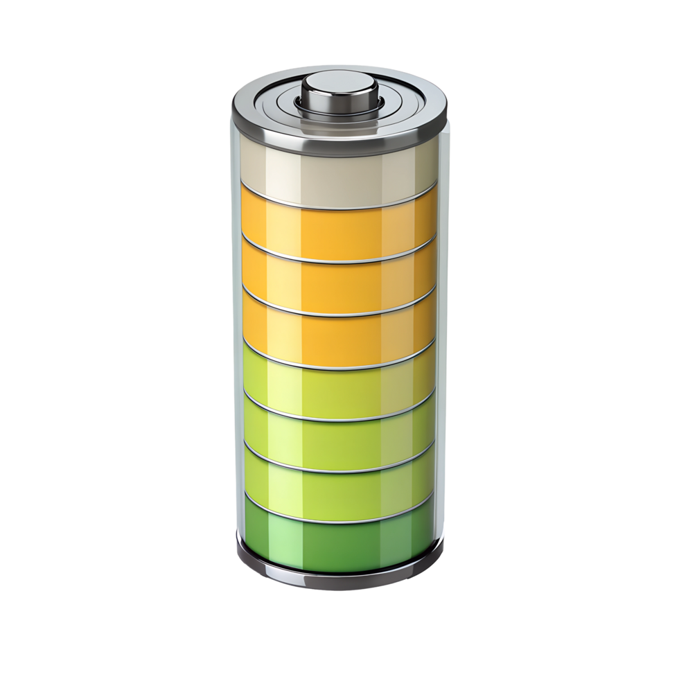 A battery with a transparent case, showing the charge level in green, yellow and white, isolated on transparent background png