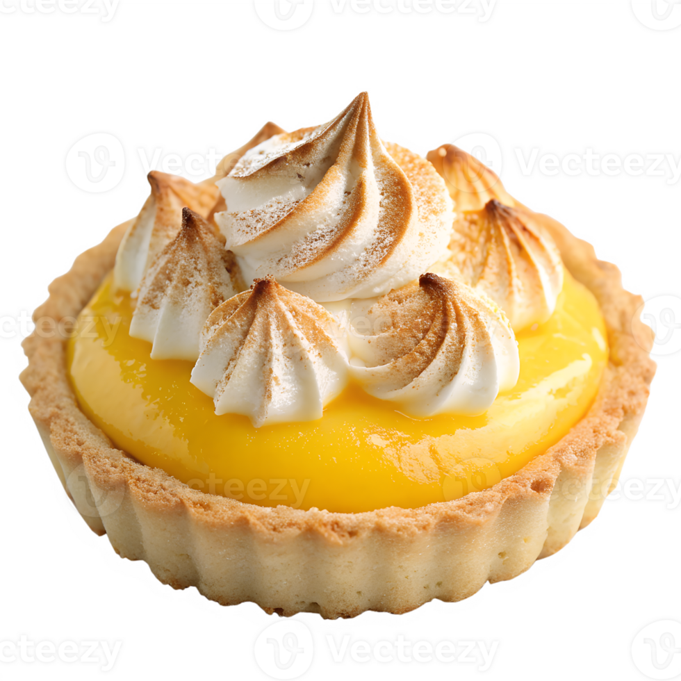 Mini tart filled with lemon curd and topped with toasted golden meringue peaks, delicate crust, isolated on a transparent background png
