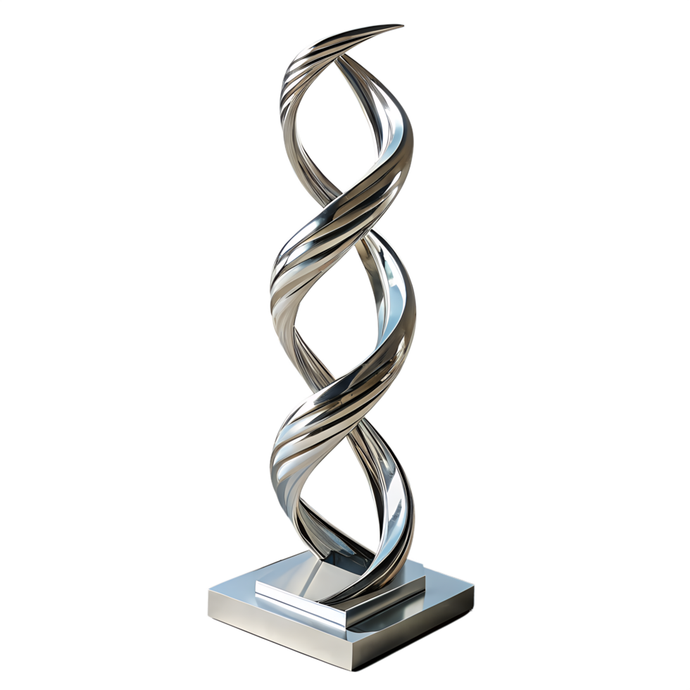 A stainless steel twisting helix sculpture with a mirror-polished finish, standing upright on a minimalist square base. Set against a transparent background png