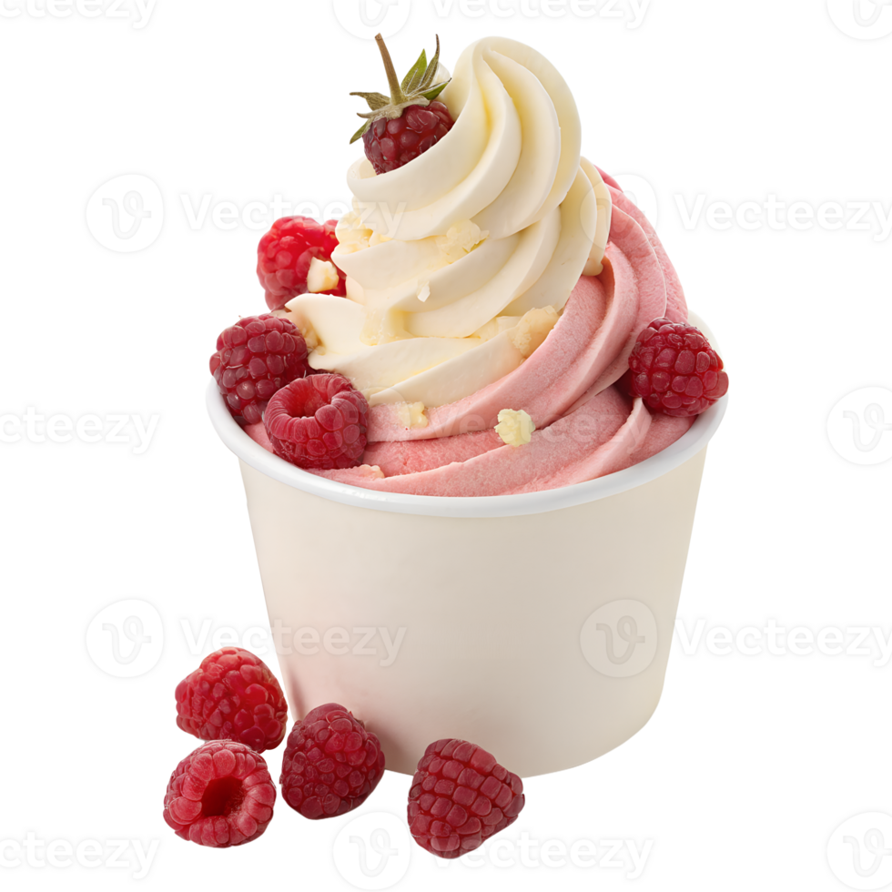 Swirled raspberry and vanilla frozen yogurt in a cup, topped with fresh raspberries and vanilla pods png