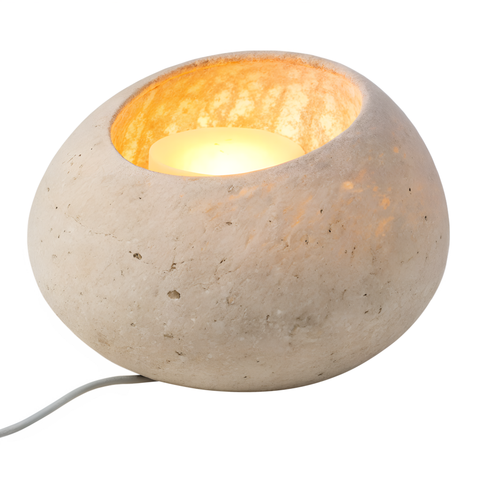 A ceramic table lamp shaped like a smooth river stone with a warm inner glow, on a transparent background png