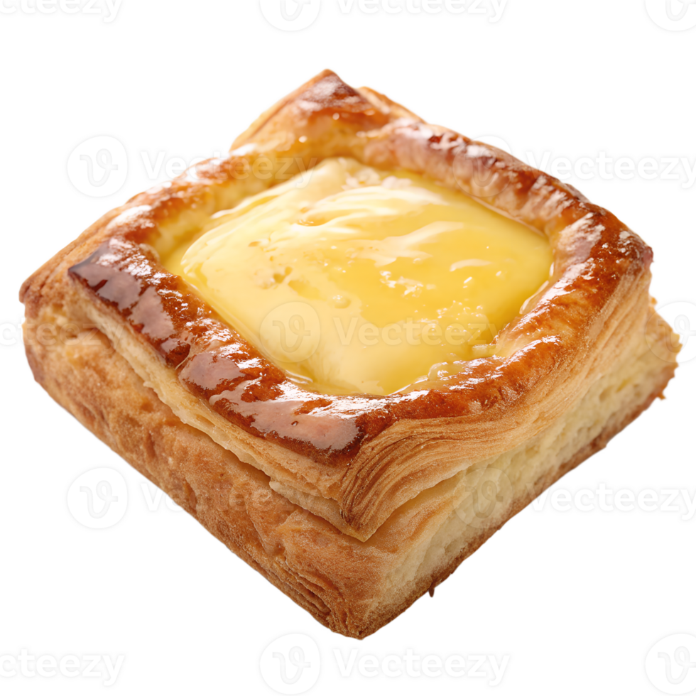 Square Danish pastry filled with smooth vanilla custard, golden crust, shiny glaze, isolated on a transparent background png