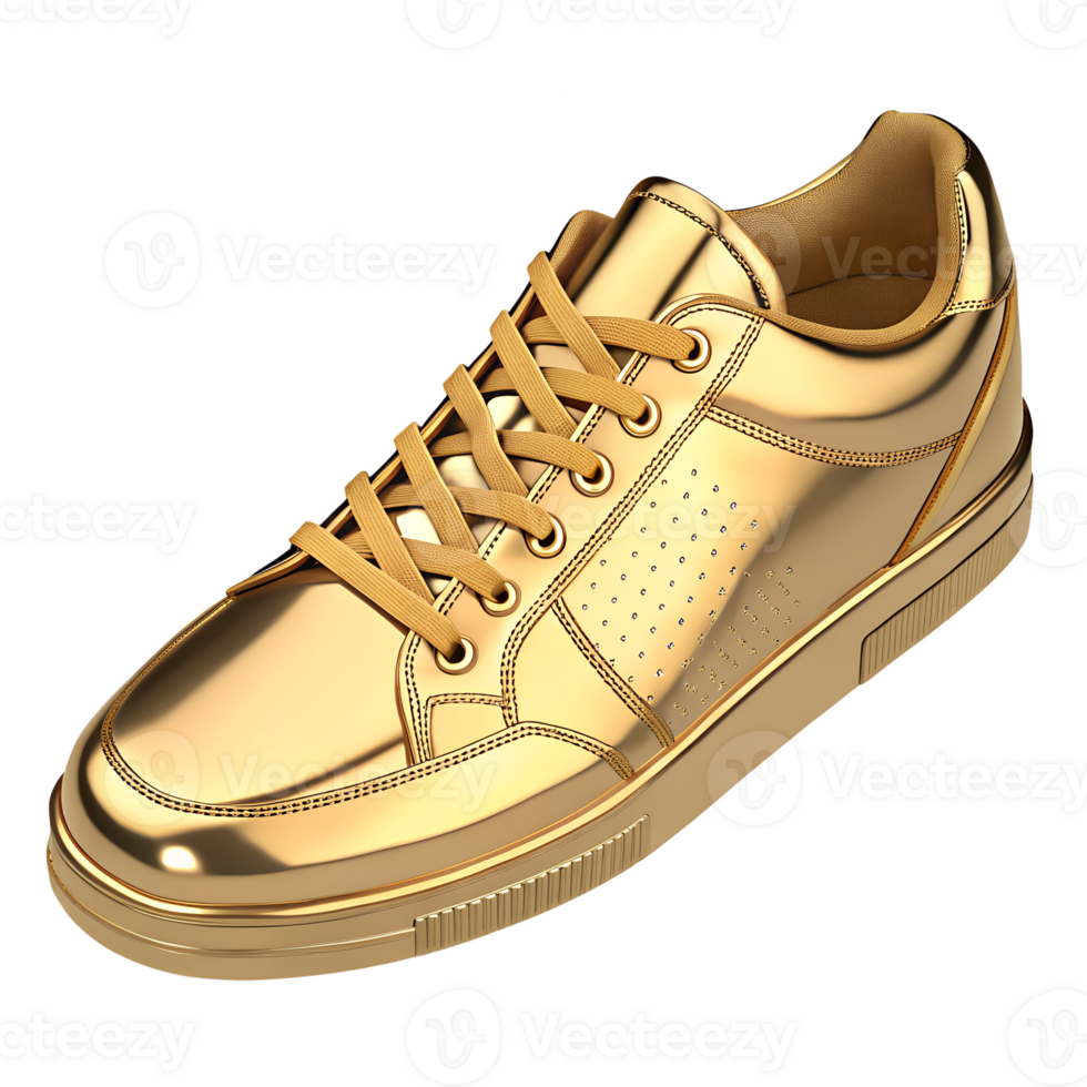 A 3D isometric shoe in gold metal, realistic theme, side view, highly detailed, isolated on a transparent background, format png
