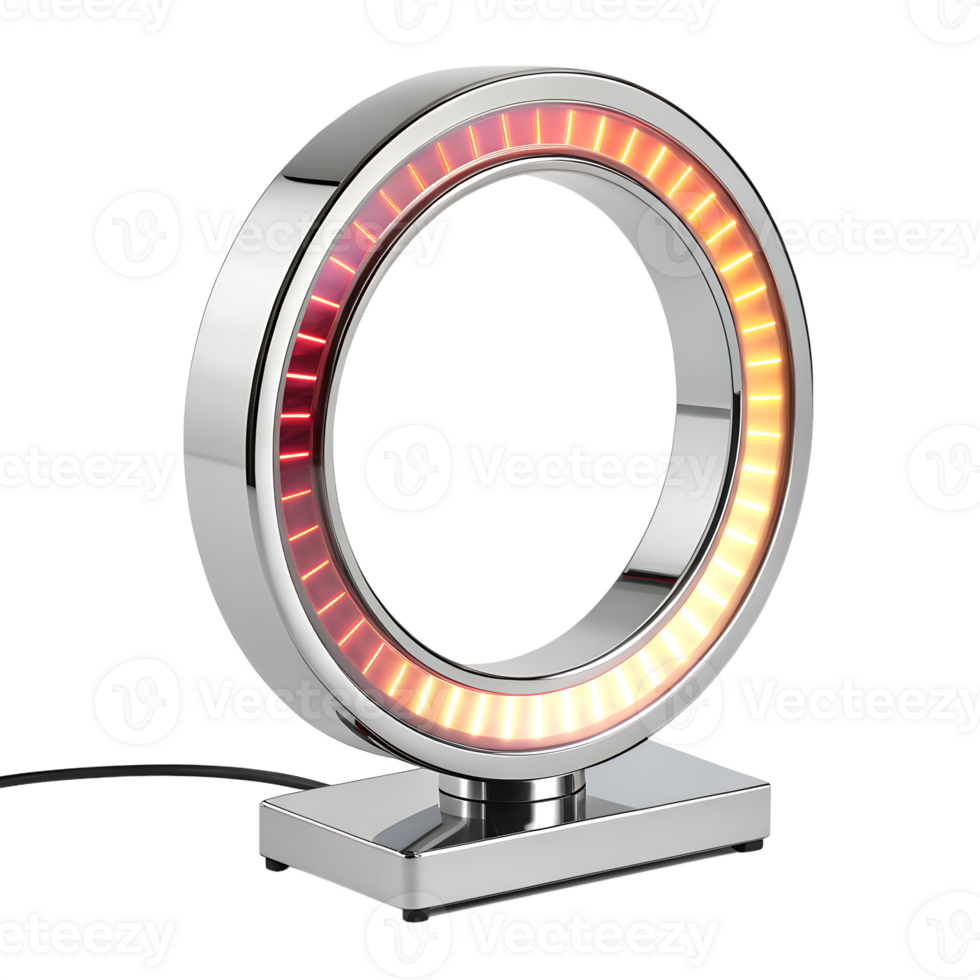 A chrome ring lamp with red and orange lights, on a chrome base, isolated on a transparent background png