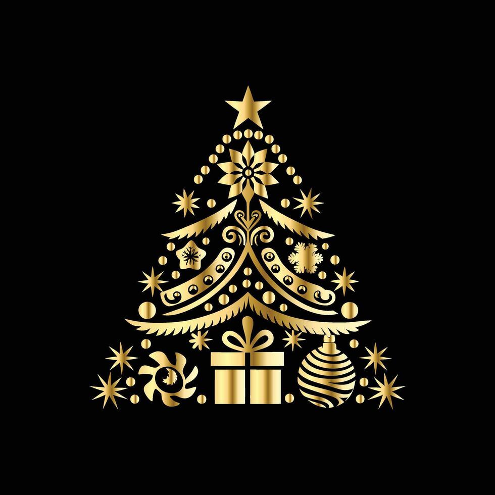 christmas tree with gold decorations on black background. Merry Christmas. vector