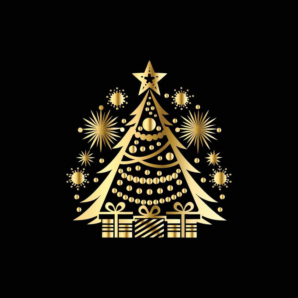 christmas tree with gold decorations on a black background. Merry Christmas vector