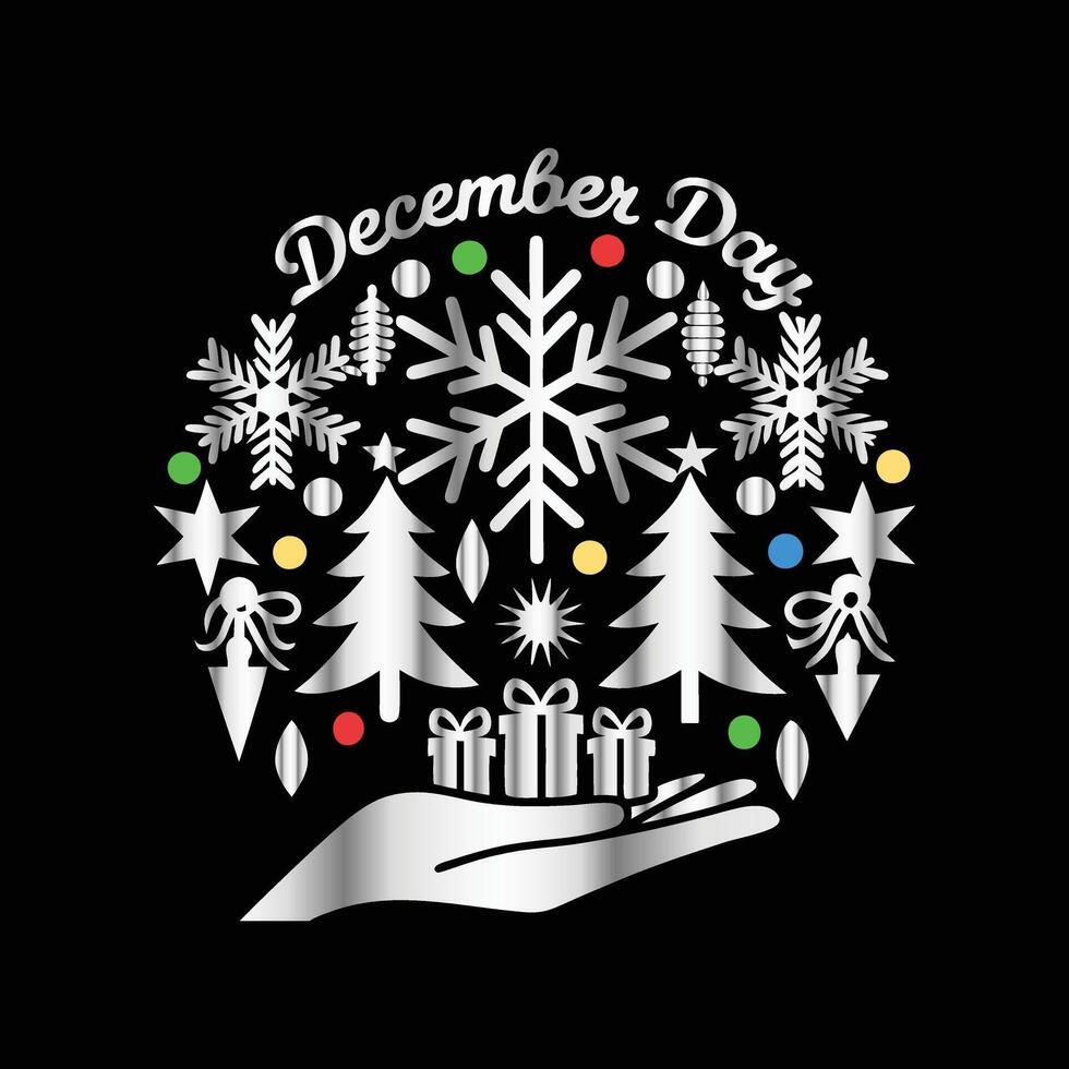 a black background with a hand holding a christmas tree and a snowflake vector
