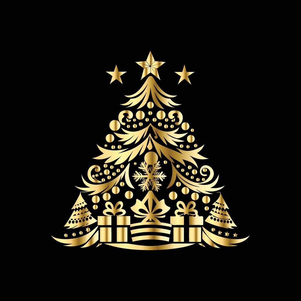 christmas tree with gold ornament on black background. Merry Christmas Magic vector