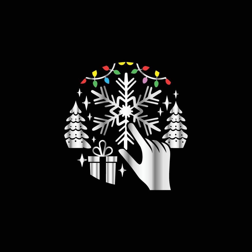 a black background with a hand holding a snowflake . vector