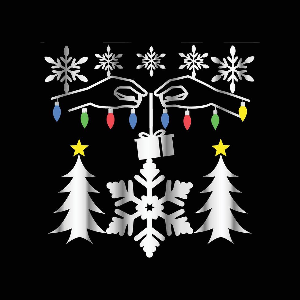 a black background with a snowflake, tree and lights vector