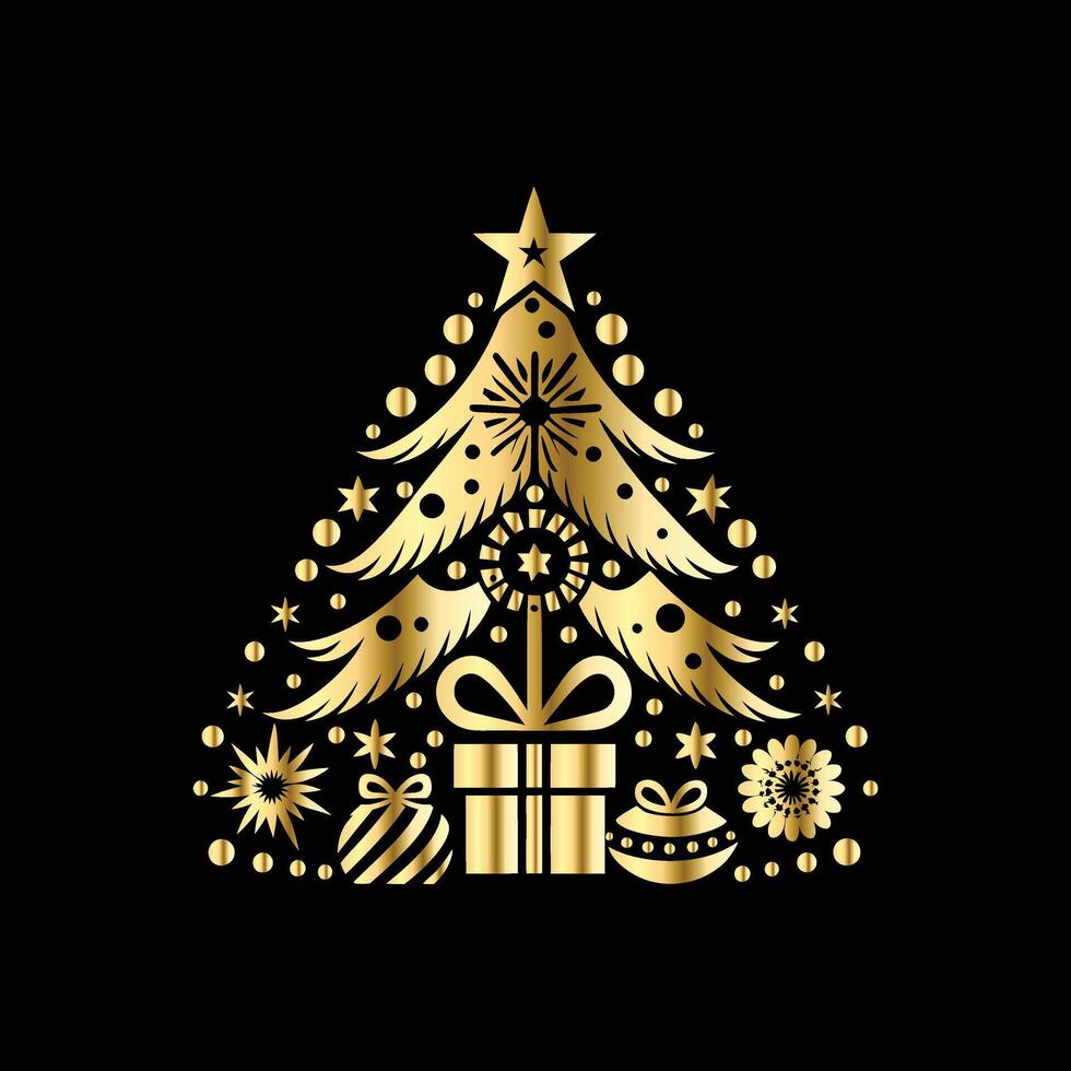 christmas tree with gifts and ornaments on a black background vector