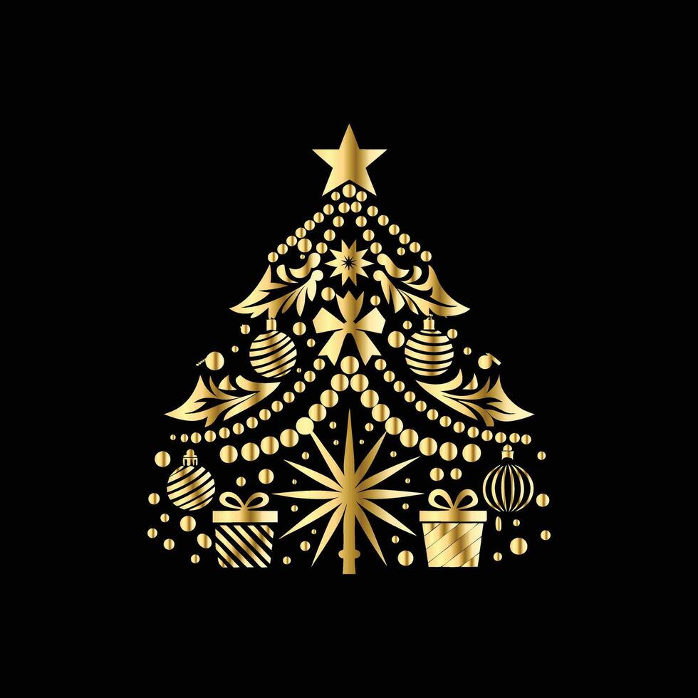 christmas tree with gold decorations on black background. Merry Christmas vector