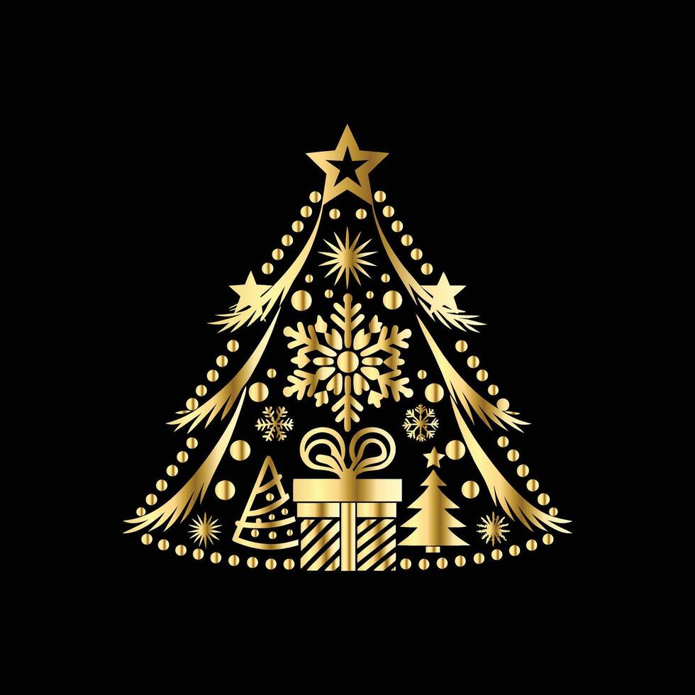 christmas tree with gold decorations on a black background. Christmas vector