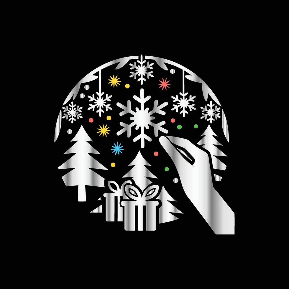 a hand is holding a snowflake in the middle of a christmas tree vector