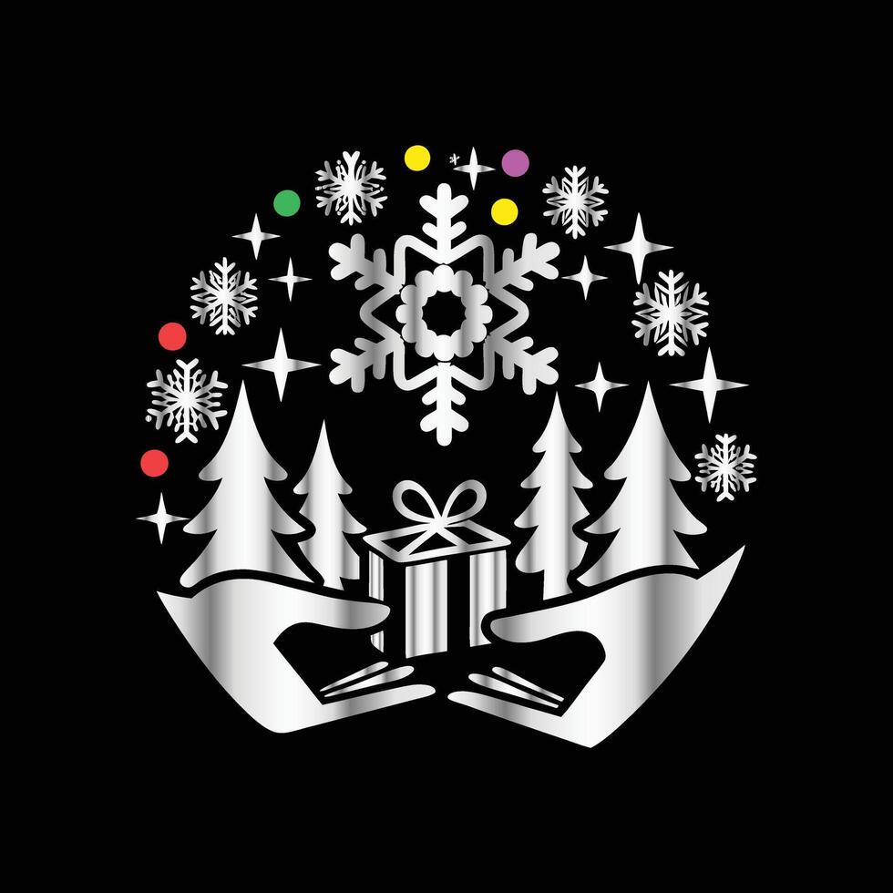 christmas tree with snowflakes and presents in the hands vector