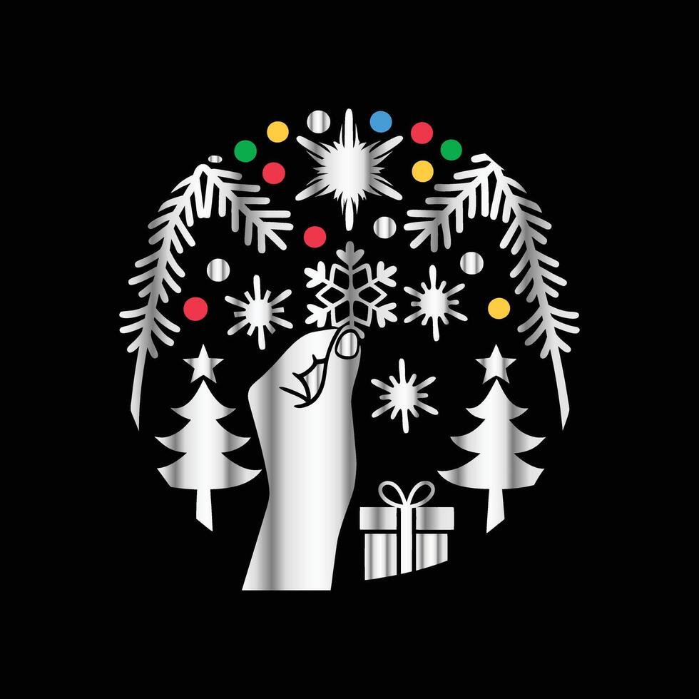 a black background with a hand holding a snowflake. vector