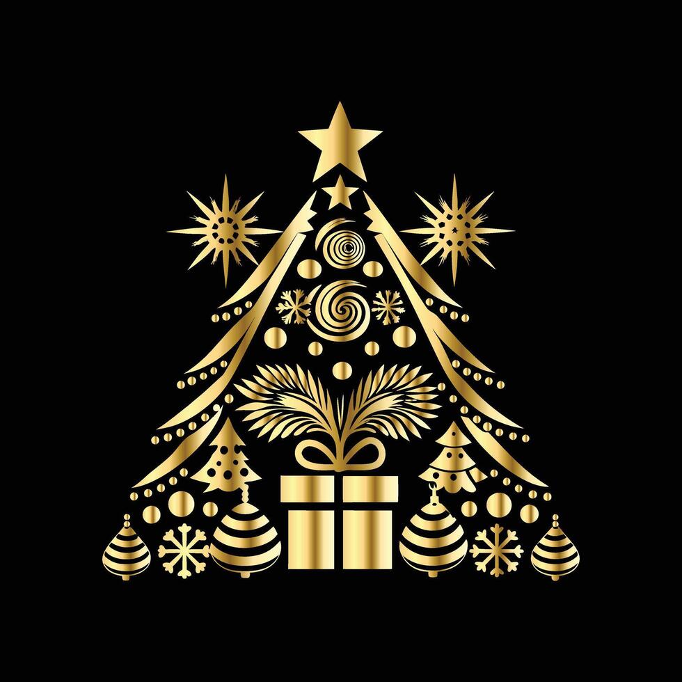 christmas tree with gold decorations on black background. Christmas vector