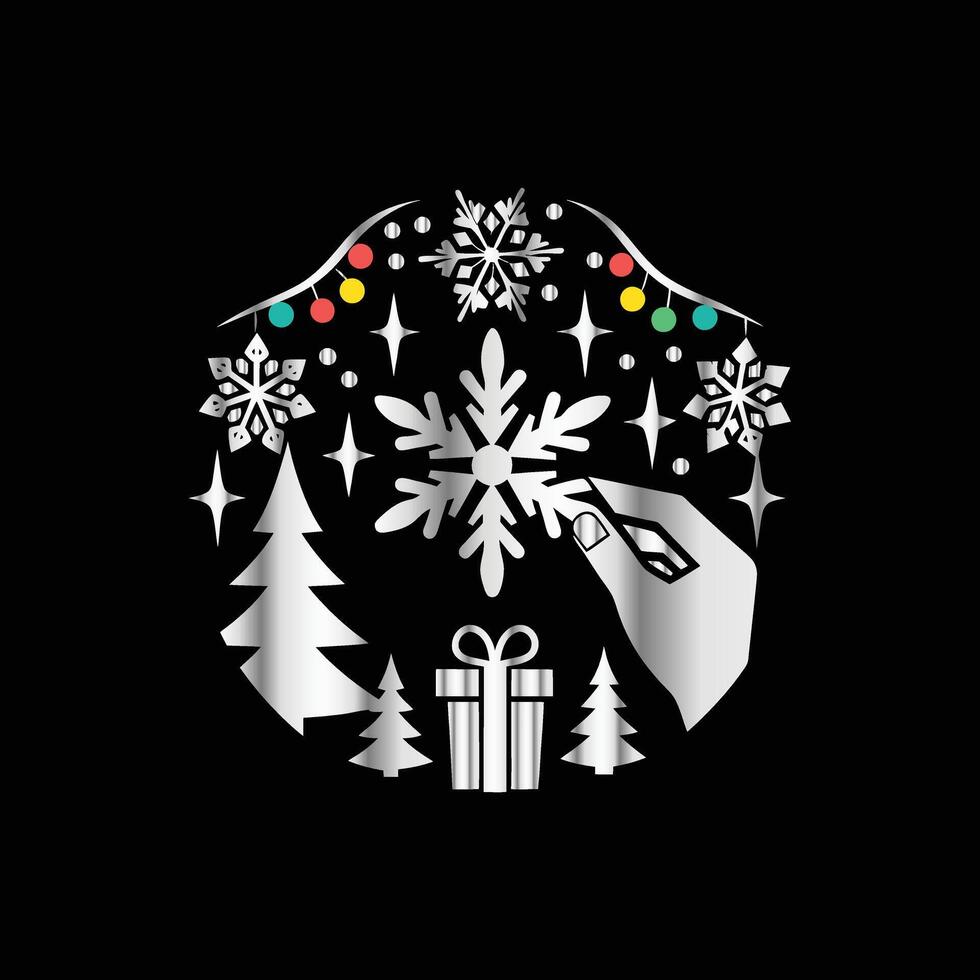 a black background with a snowflake, trees, and a gift box vector