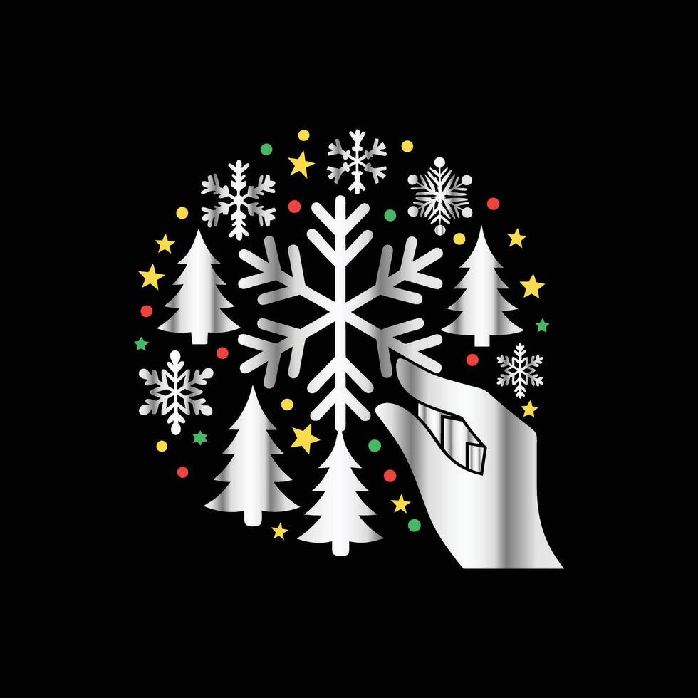 a hand holding a snowflake in the middle of a circle of trees vector