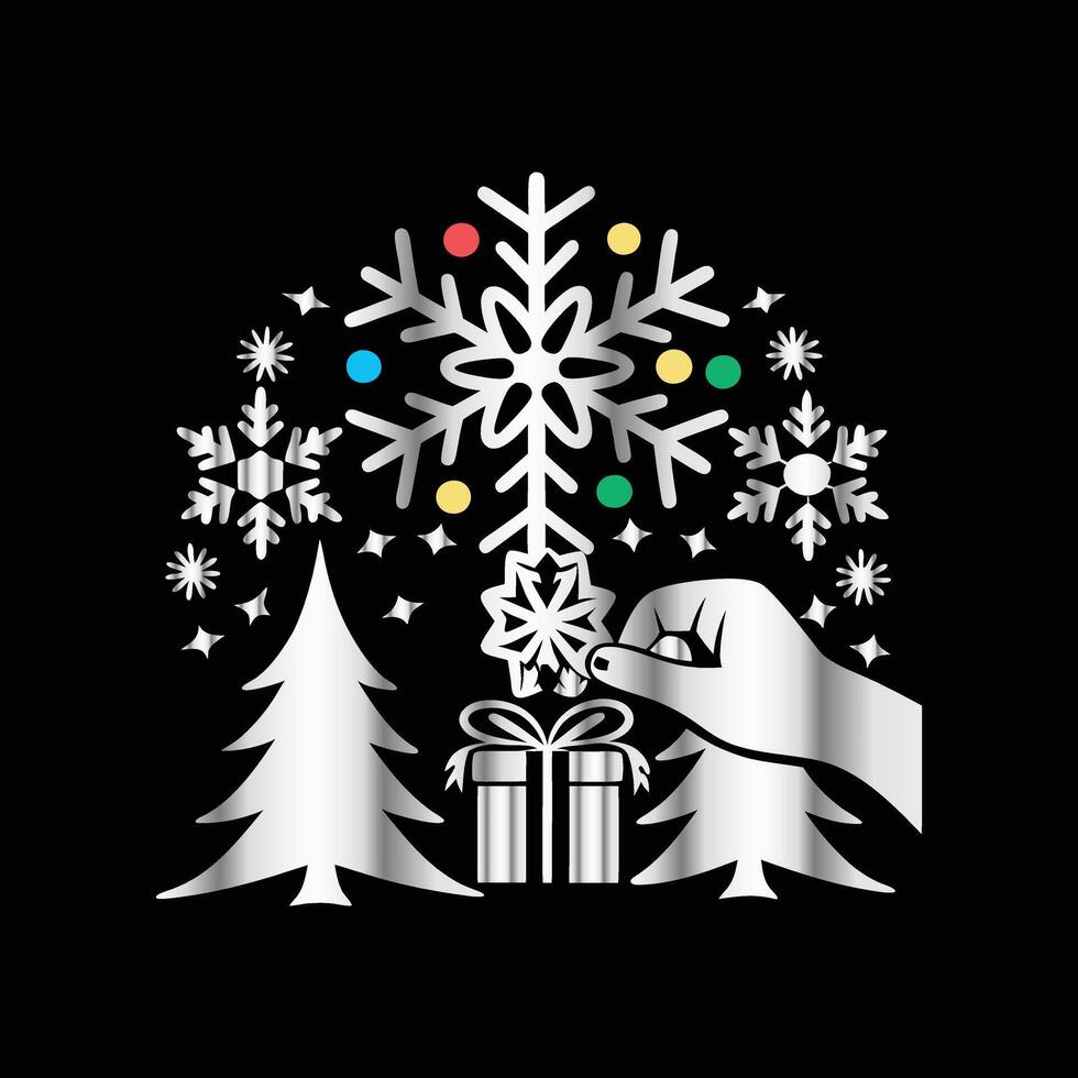 a hand is holding a snowflake in front of a tree vector