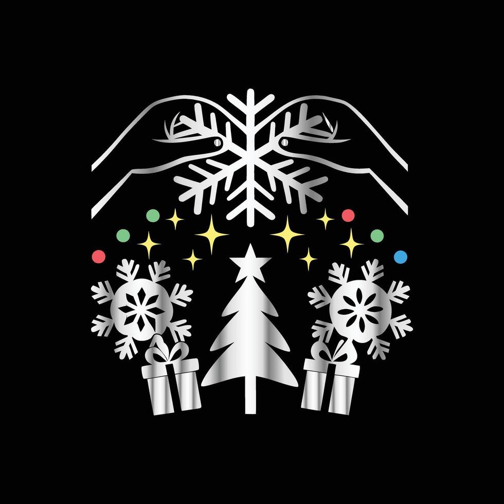 a black background with a snowflake, gift boxes, and a tree vector
