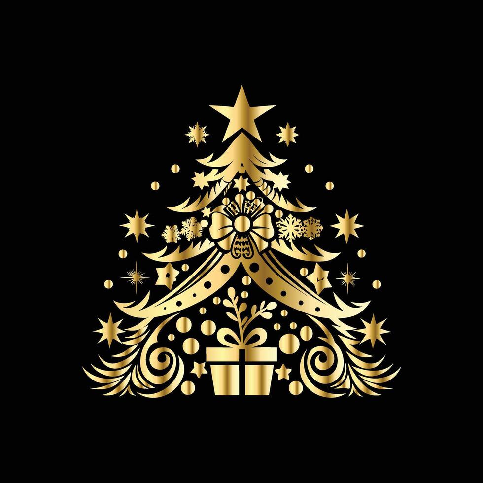 christmas tree with gold decorations on a black background. Merry Christmas Magic. vector