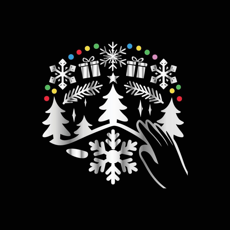 a black background with a hand reaching out to touch a snowflake vector