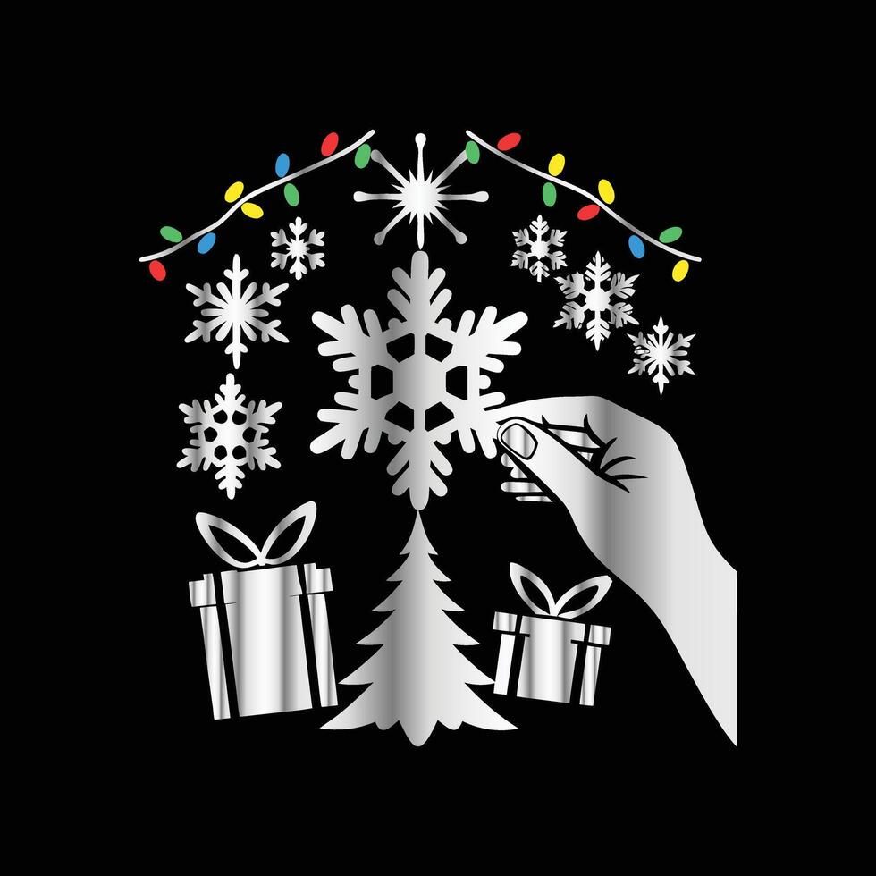 a hand holding a snowflake and gifts on a black background. vector