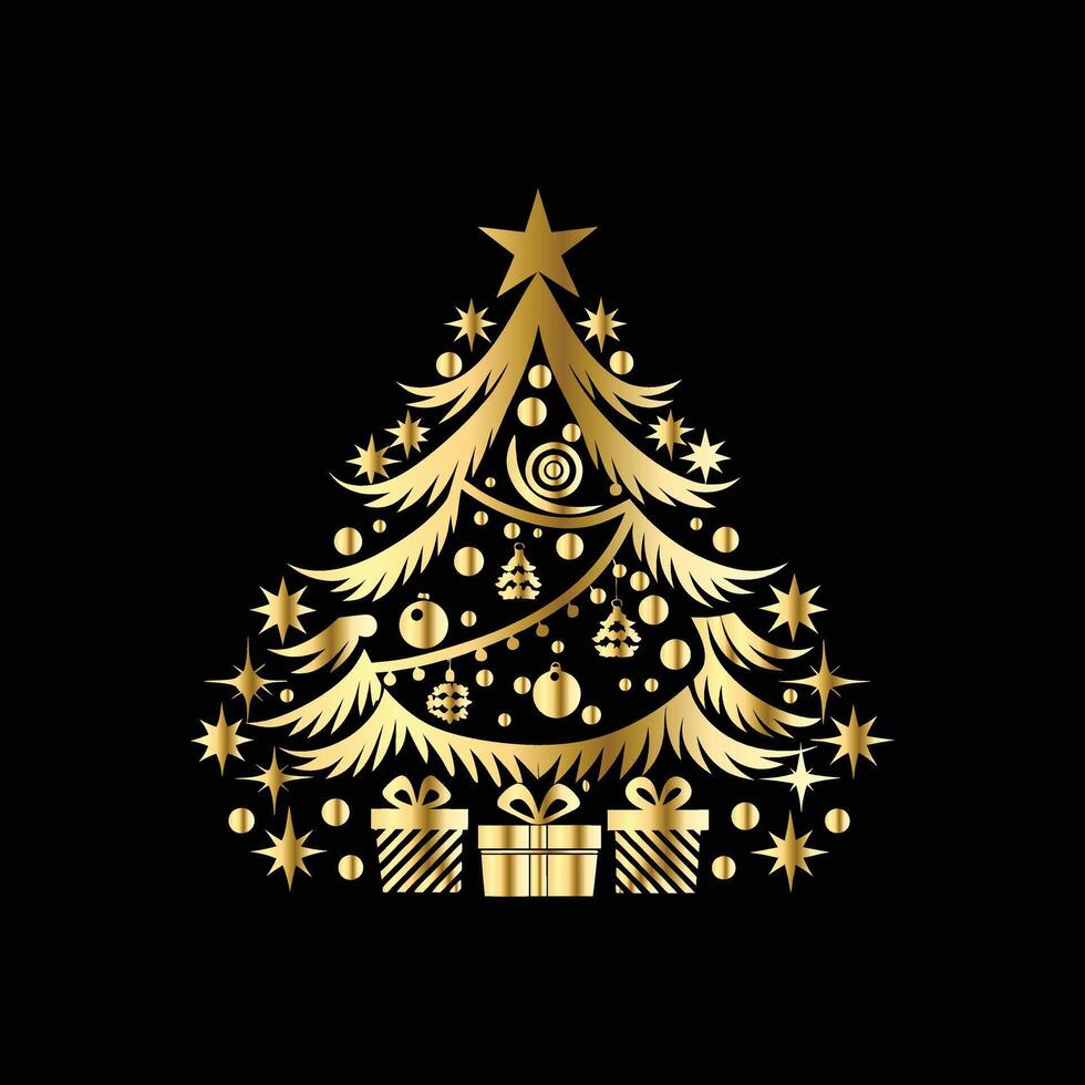 christmas tree with gold decorations on a black background. Merry Christmas Magic vector