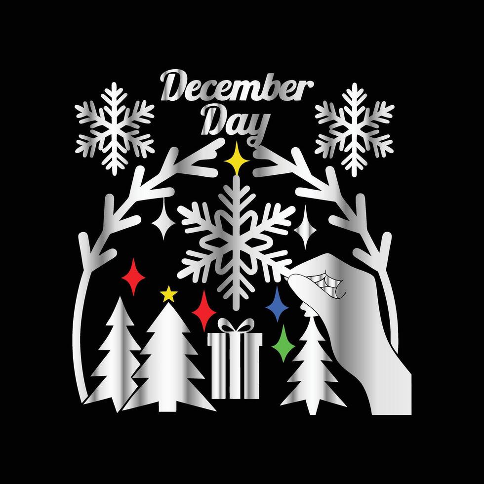 a black background with a hand holding a gift and a snowflake vector