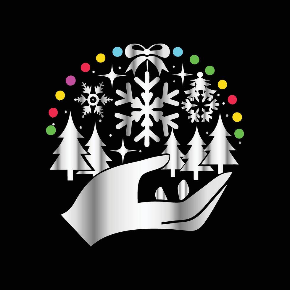 christmas tree and snowflakes in hand on black background. vector
