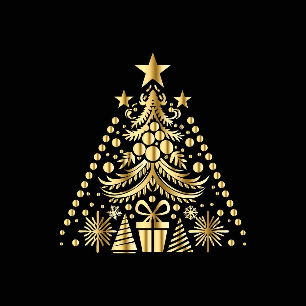 christmas tree with gold decorations on a black background . vector