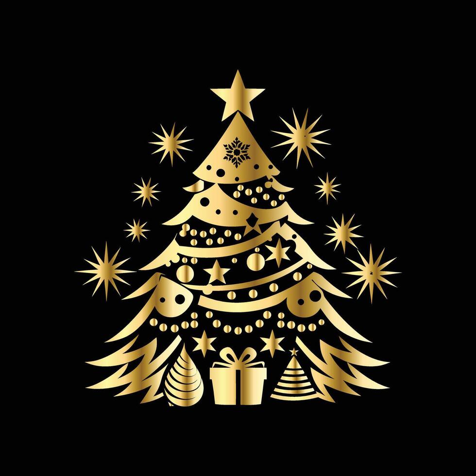 christmas tree with gold decorations on black background. Merry Christmas Magic. vector